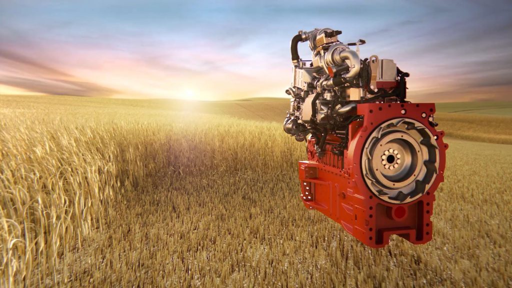 Medium wide CG rendering of a Deutz motor harvesting a wheat field.