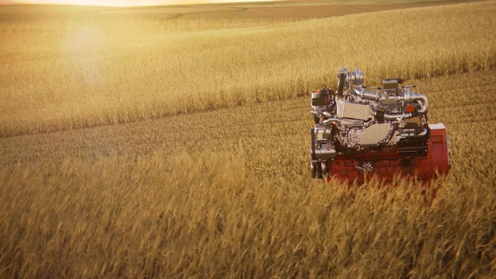 Medium wide CG rendering of a Deutz motor harvesting a wheat field.