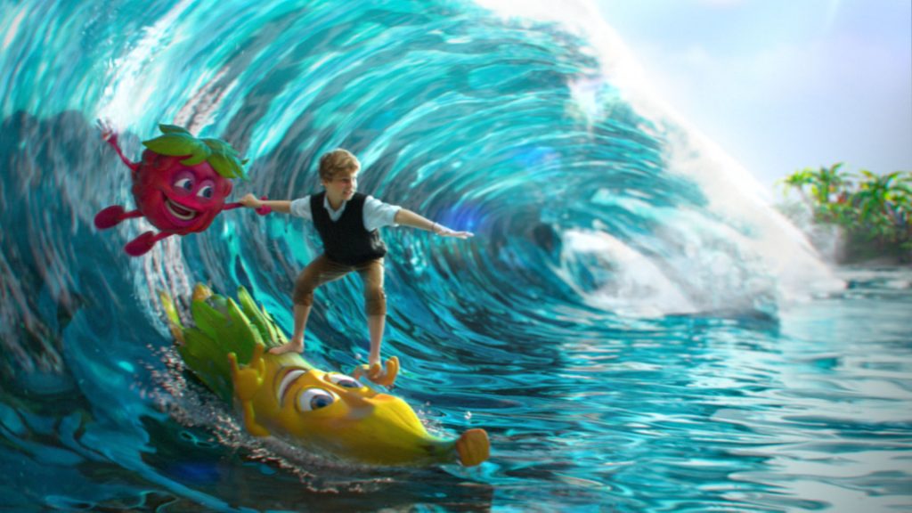 Boy surfing a huge tropical wave on a Mamba banana cartoon character