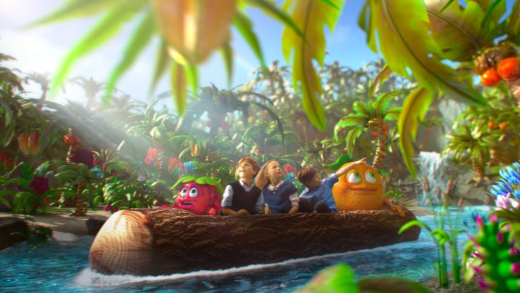 Kids and Mamba cartoon characters sitting in a dugout canoe, rafting a river on a tropcial island.