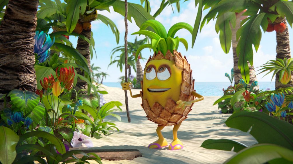 Mamba pineapple cartoon character on a tropical island pulling on a liane.