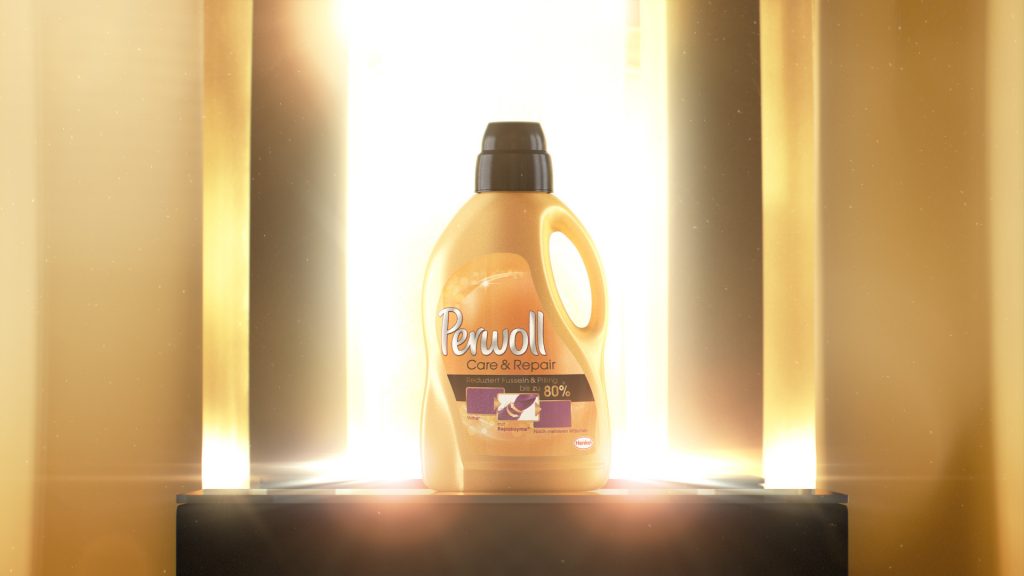 VFX rendering of a yellow Perwoll Care & Repair bottle infront of a mirror.