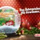 VFX rendering of a Swisslos in a snow globe surrounded fir branches and red, lit candles.