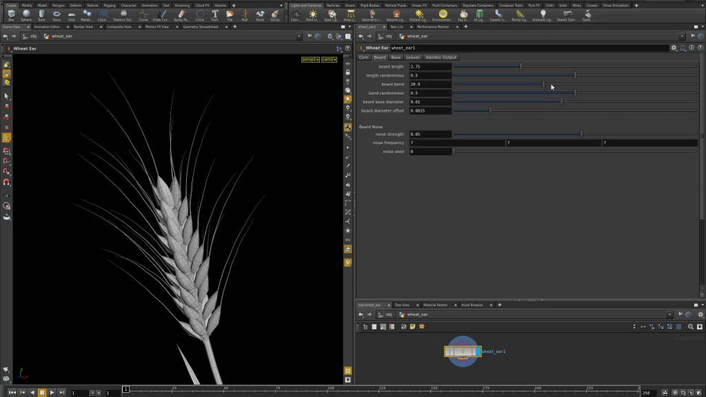 Houdini screenshot showing the UI of a wheat-ear generator HDA.