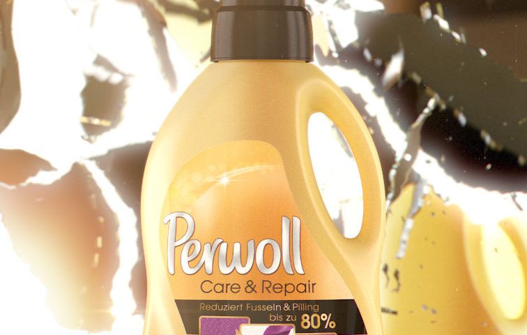 VFX rendering of a yellow Perwoll Care & Repair bottle infront of a currently shattering mirror.