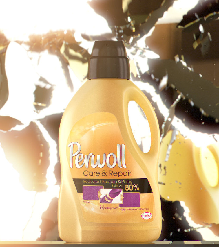 VFX rendering of a yellow Perwoll Care & Repair bottle infront of a currently shattering mirror.