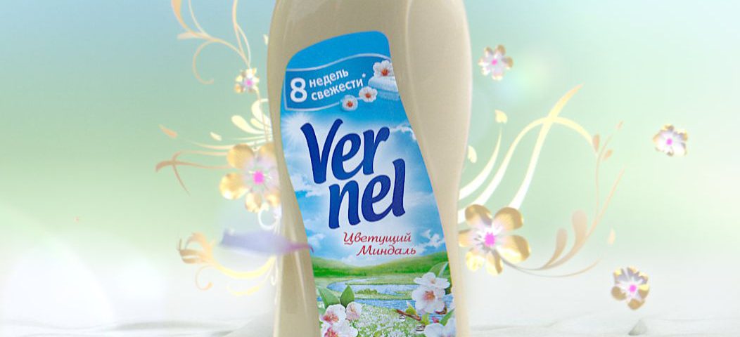 VFX rendering of a russian Vernel bottle with graphical ornaments in the background and flower petals on the floor.