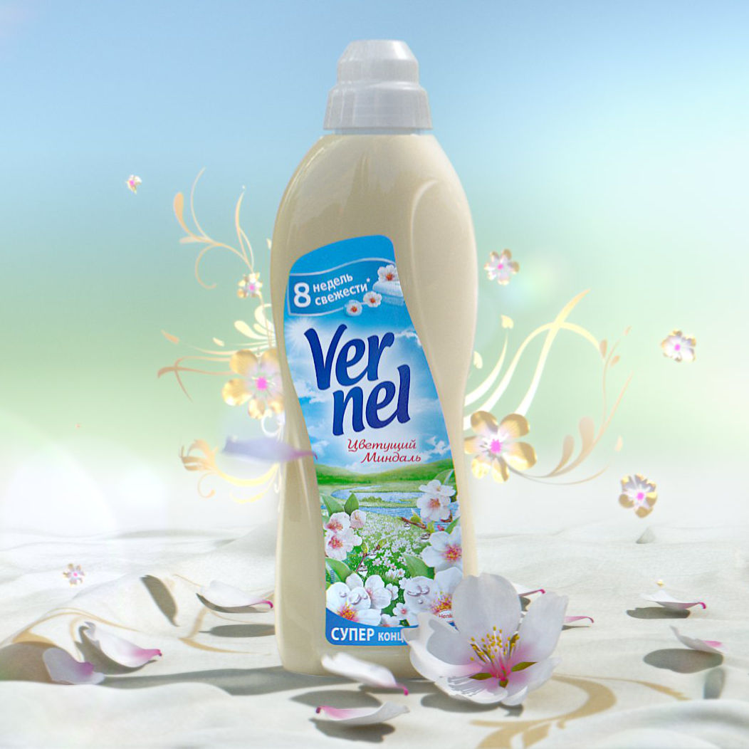 VFX rendering of a russian Vernel bottle with graphical ornaments in the background and flower petals on the floor.
